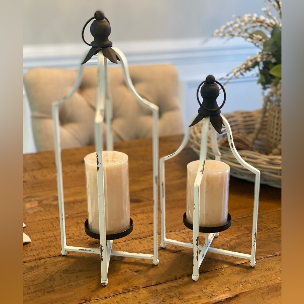 DW Home White Distressed Metal Lantern Set with Beige Candles